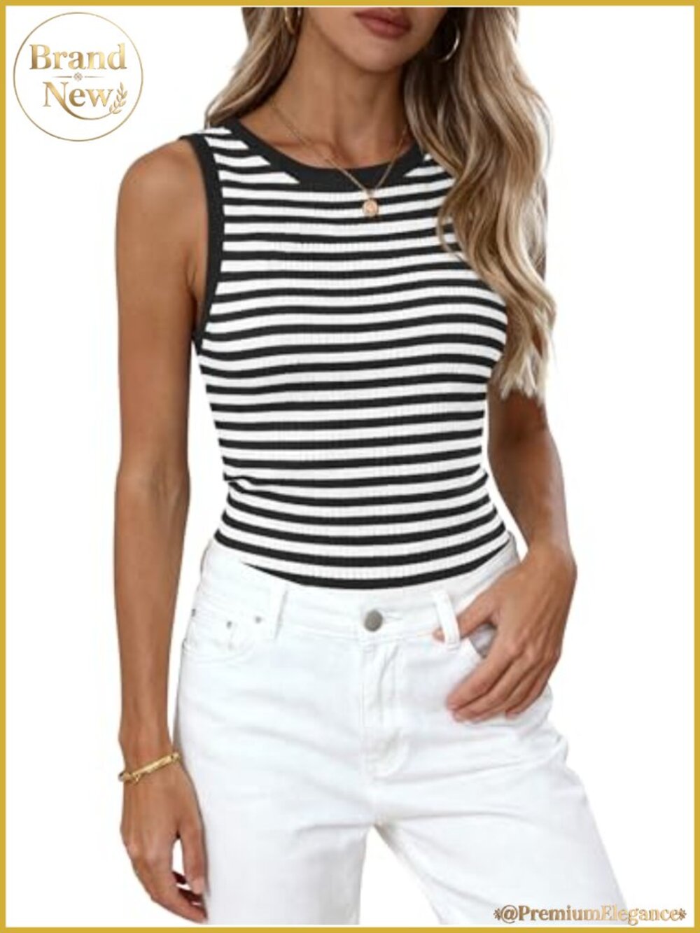 PRETTYGARDEN Women's Ribbed Knit High Neck Striped Sleeveless Tank Top